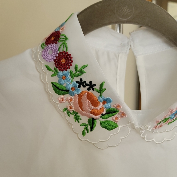 Floral Embroidered Detachable Collar Dickey White Scalloped Layering Piece - Picture 3 of 7